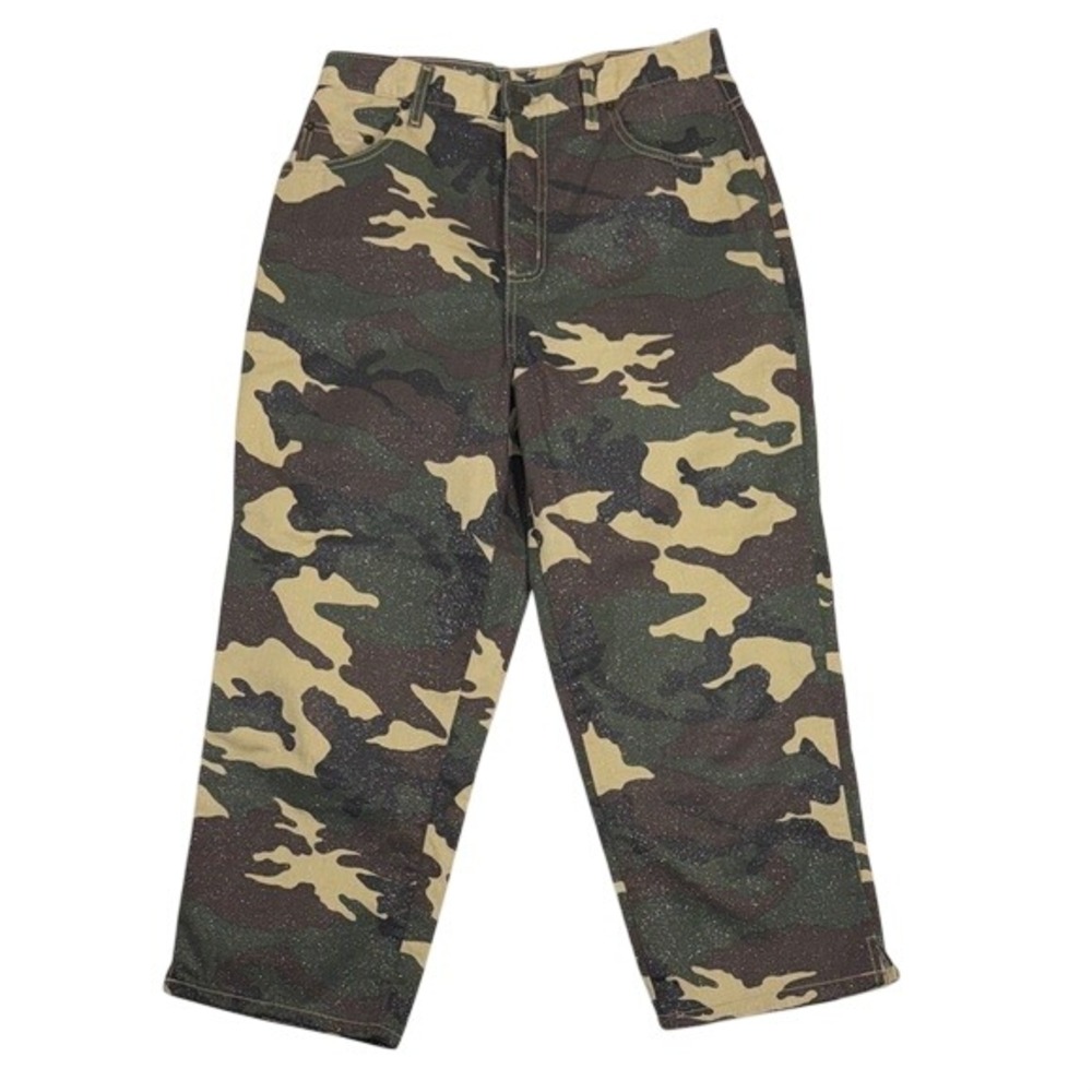 Bill Blass Jeanswear Pants Womens 10 Easy Fit Green Camo Glitter Sparkle
